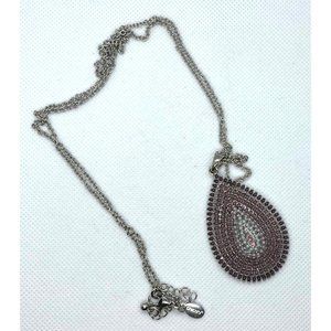 Chico's Multi Color Pinks Beaded Tear Drop Pendant Silver Tone Necklace New Boho